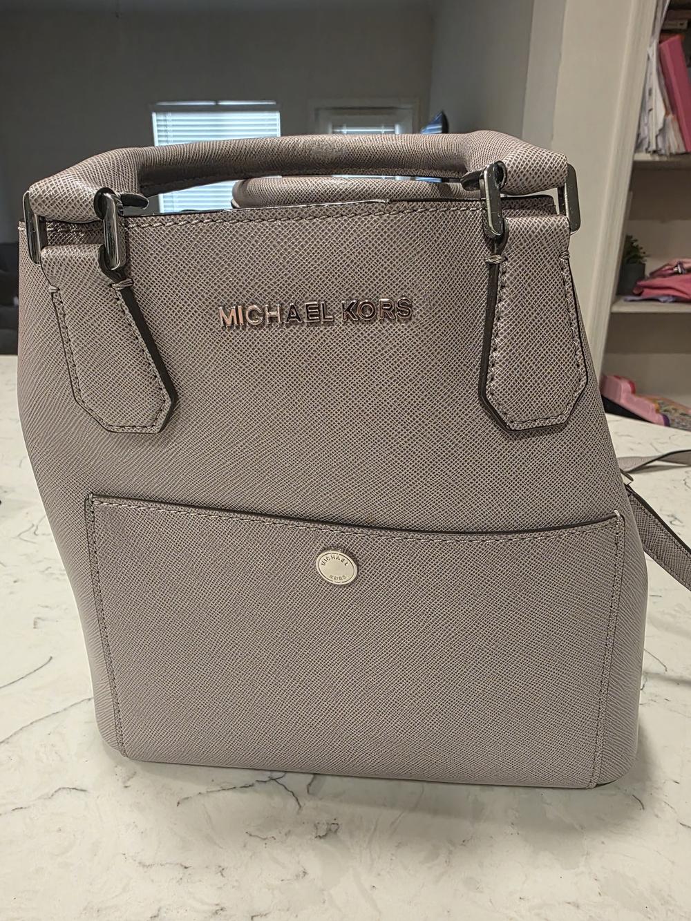 Michael Kors Saffiano Leather Satchel in Taupe/purple - Greenwhich Bag